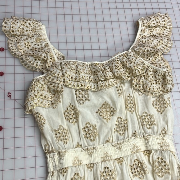 PQ SWIM ANTHRO Haven Cate Ruffle Tier Gold Eyelet Cotton Ecru Resort Mini SZ M/L - Picture 9 of 16
